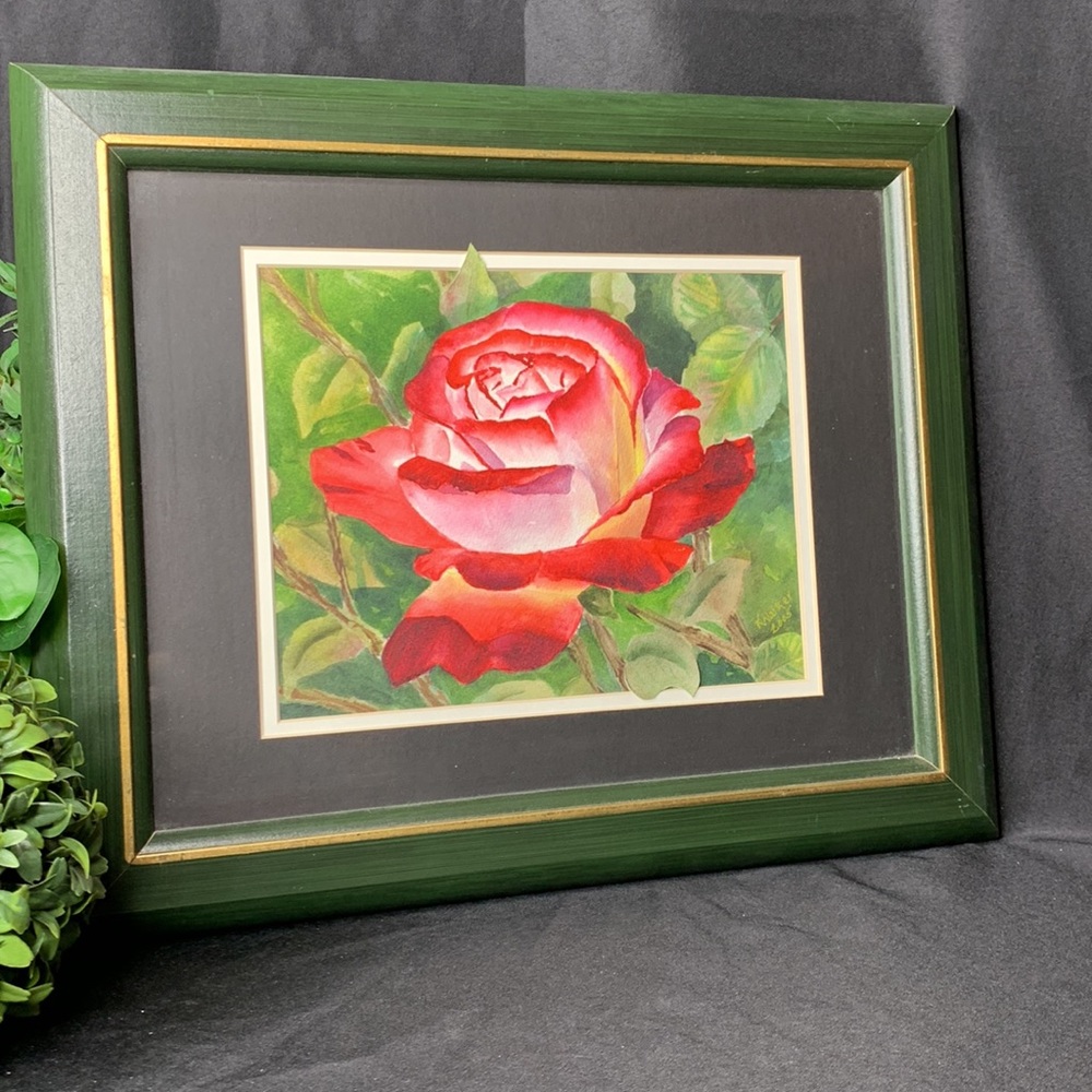 Stunning 17” x 14 1/2” signed original ROSE water color framed artwork